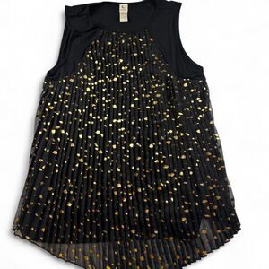 Women’s Black & Gold Pleated Tank Top Gold Foil Polka Dots Size Large Party